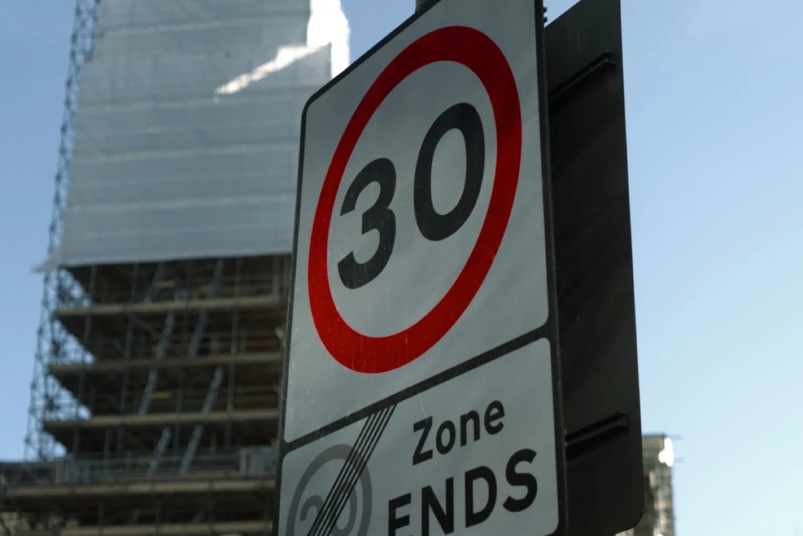 A 30 mph sign with a '20 Zone ENDS' plate, marking where the 30 limit begins